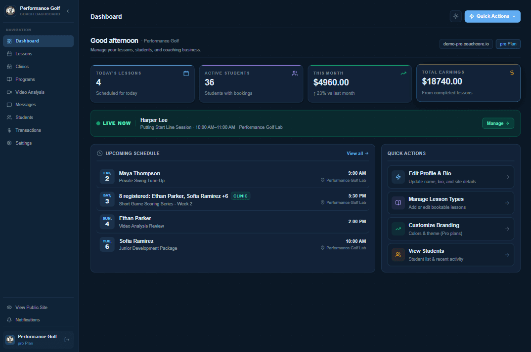 CoachCore coach dashboard showing today's lessons, upcoming schedule and quick actions